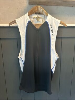 Orca Women's Black White Blue Trim Sleeveless Tri Top 1/2 Front Zip XL